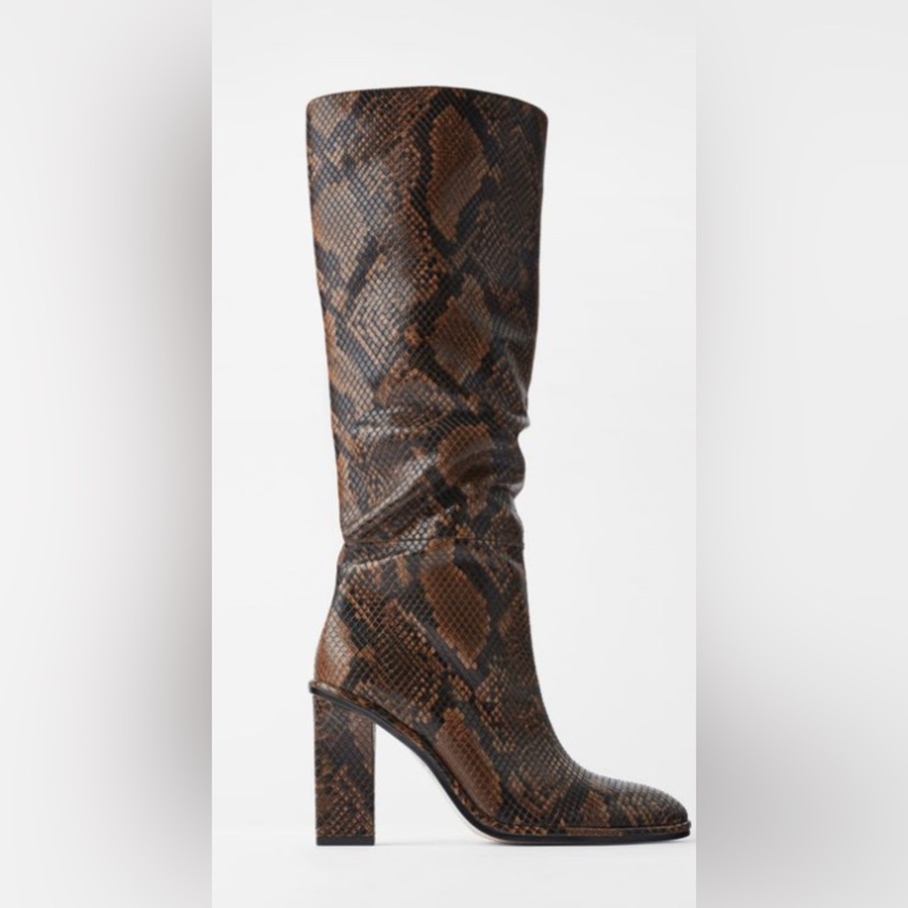 Zara Brown Heeled Boots with Snakeskin Pattern